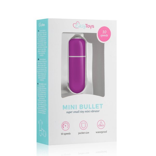 Mini vibrator vijolične barve v embalaži.