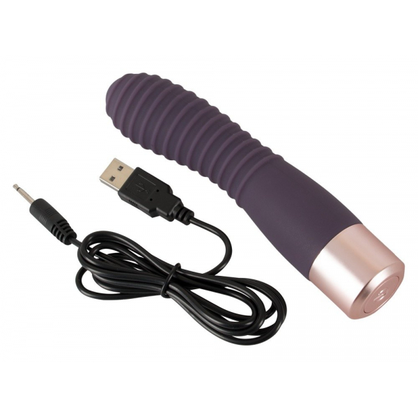 Vibrator vijolične barve s kablom za polnjenje.